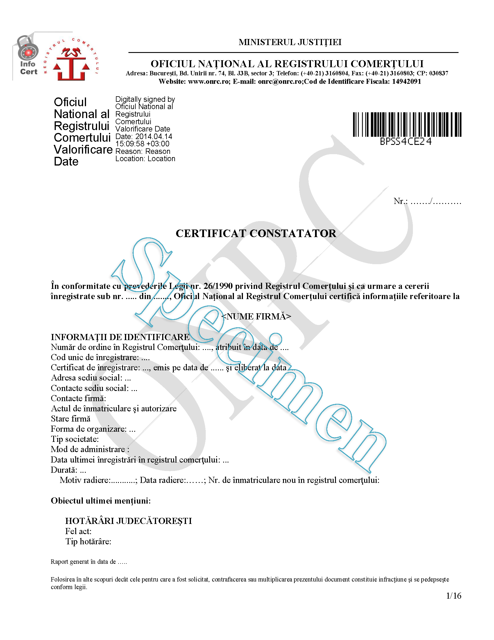 Specimen Certificat constatator fonduri IMM